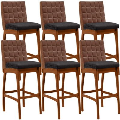 Kit 06 Banquetas Altas Cozinha Sala Jantar Fixa Mila B04 Couríssimo Marrom Linho Chumbo - Lyam Decor