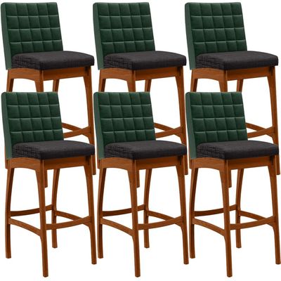 Kit 06 Banquetas Altas Cozinha Sala Jantar Fixa Mila B04 Facto Verde Musgo Linho Chumbo - Lyam Decor