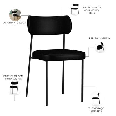 Kit 06 Cadeiras Decorativas Estofadas Para Sala de Jantar Melina F01 Couríssimo Preto - Lyam Decor