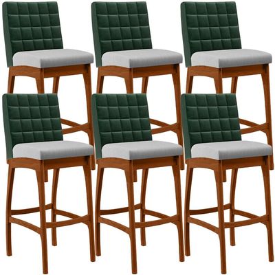Kit 06 Banquetas Altas Cozinha Sala Jantar Fixa Mila B04 Facto Verde Musgo Linho Cinza - Lyam Decor