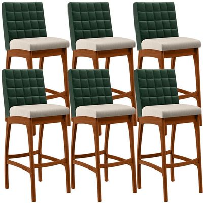 Kit 06 Banquetas Altas Cozinha Sala De Jantar Fixa Mila B04 Facto Verde Musgo Linho Cru - Lyam Decor