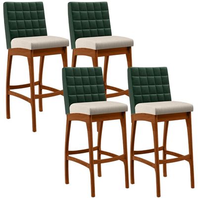 Kit 04 Banquetas Altas Cozinha Sala De Jantar Fixa Mila B04 Facto Verde Musgo Linho Cru - Lyam Decor