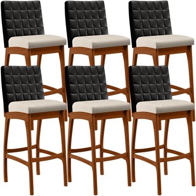 Kit 06 Banquetas Altas Cozinha Sala De Jantar Fixa Mila B04 Couríssimo Preto Linho Cru - Lyam Decor