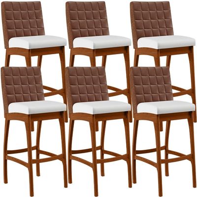 Kit 6 Banquetas Altas Cozinha Sala Jantar Fixa Mila B04 Couríssimo Marrom Corano Branco - Lyam Decor
