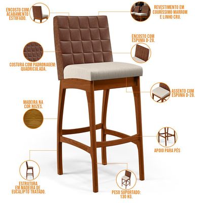 Kit 05 Banquetas Altas Cozinha Sala De Jantar Fixa Mila B04 Couríssimo Marrom Linho Cru - Lyam Decor