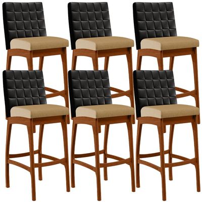Kit 06 Banquetas Altas Sala De Jantar Fixa Mila B04 Couríssimo Preto Linho Bege Escuro - Lyam Decor