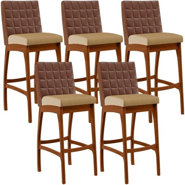 Kit 05 Banquetas Altas Sala De Jantar Fixa Mila B04 Couríssimo Marrom Linho Bege Escuro - Lyam Decor
