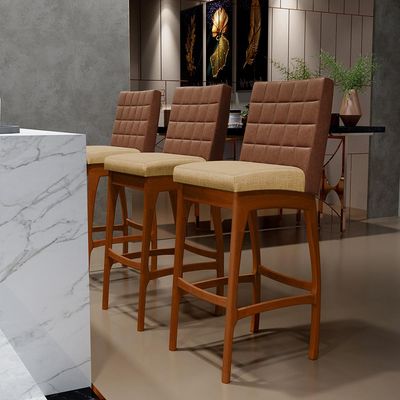 Kit 05 Banquetas Altas Sala De Jantar Fixa Mila B04 Couríssimo Marrom Linho Bege Escuro - Lyam Decor