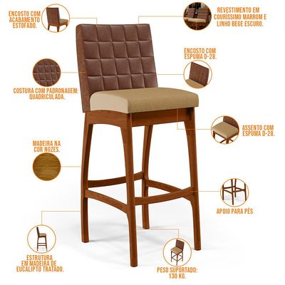 Kit 05 Banquetas Altas Sala De Jantar Fixa Mila B04 Couríssimo Marrom Linho Bege Escuro - Lyam Decor
