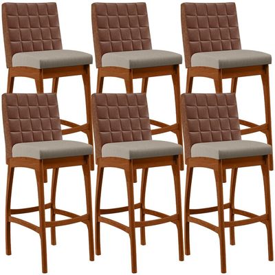 Kit 06 Banquetas Altas Cozinha Sala Jantar Fixa Mila B04 Couríssimo Marrom Linho Bege - Lyam Decor
