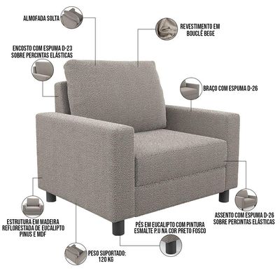 Kit 02 Poltronas Decorativa Para Sala De Estar E Recepção Malta L02 Bouclê Bege - Lyam Decor