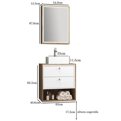 Conjunto Para Banheiro Gabinete 60cm 2 Gavetas Com Cuba E Armário Gael B06 Branco Nogal - Lyam Decor