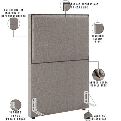 Cabeceira Box Solteiro Com Tachas 100 cm Vicenza L02 Bouclê Bege - Lyam Decor