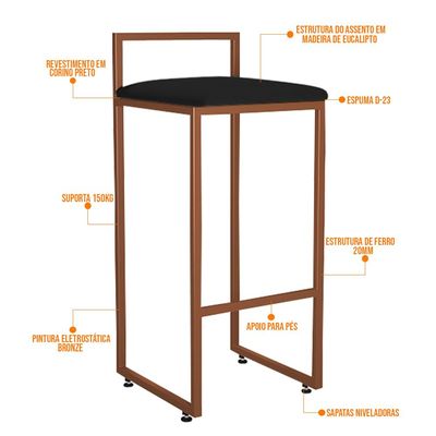 Banqueta Alta Para Cozinha Sala De Jantar Hanna L02 Bronze Corano Preto - Lyam Decor