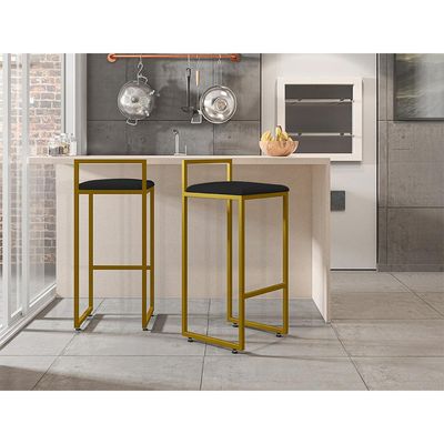 Kit 02 Banquetas Alta Para Cozinha Sala De Jantar Hanna L02 Dourado Corano Preto - Lyam Decor