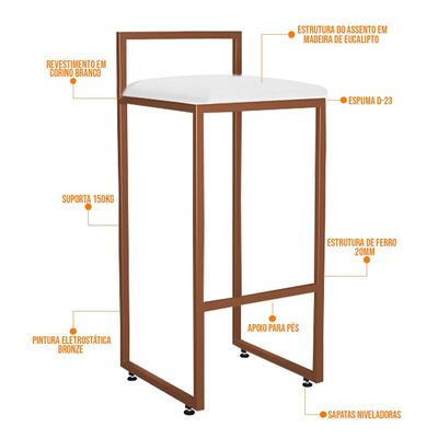 Kit 02 Banquetas Alta Para Cozinha Sala De Jantar Hanna L02 Bronze Corano Branco - Lyam Decor