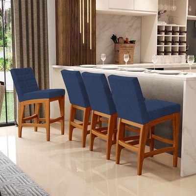 Kit 02 Banqueta Baixa Cozinha Bancada Bar Sala Jantar Fixa Mila L02 Suede Azul Marinho - Lyam Decor