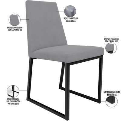 Kit 02 Cadeiras Para Sala De Jantar Base Aço Industrial Preto Dafne L02 Suede Cinza - Lyam Decor