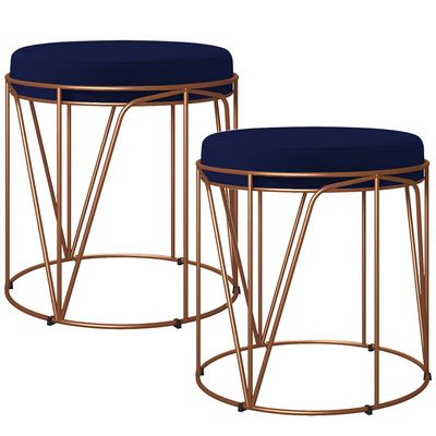 Kit 02 Puffs Decorativo Aramado Bronze Zaya L02 Suede Azul Marinho - Lyam Decor