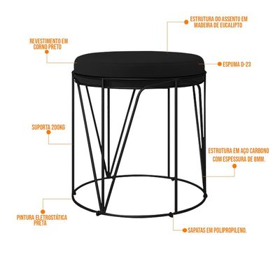Kit 02 Puffs Decorativo Aramado Preto Zaya L02 Corano Preto - Lyam Decor