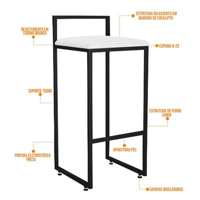 Kit 03 Banquetas Alta Para Cozinha Sala De Jantar Hanna L02 Preto Corano Branco - Lyam Decor