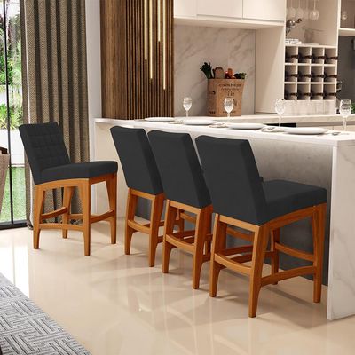 Kit 03 Banquetas Baixa Para Cozinha Bancada Bar Sala Jantar Fixa Mila L02 Suede Preto - Lyam Decor