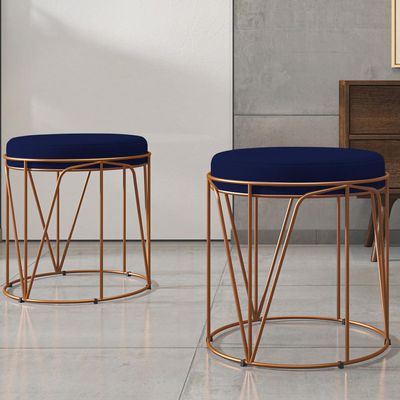 Kit 03 Puffs Decorativo Aramado Bronze Zaya L02 Suede Azul Marinho - Lyam Decor