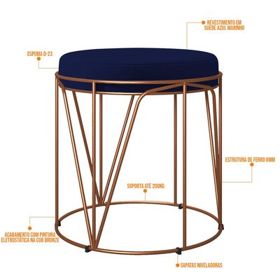 Kit 03 Puffs Decorativo Aramado Bronze Zaya L02 Suede Azul Marinho - Lyam Decor