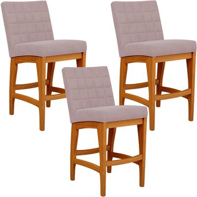 Kit 03 Banquetas Baixa Para Cozinha Bancada Bar Sala Jantar Fixa Mila L02 Suede Rosê - Lyam Decor