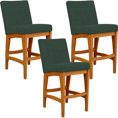Kit 03 Banquetas Baixa Cozinha Bancada Bar Sala Jantar Fixa Mila L02 Suede Verde Musgo - Lyam Decor