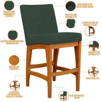 Kit 03 Banquetas Baixa Cozinha Bancada Bar Sala Jantar Fixa Mila L02 Suede Verde Musgo - Lyam Decor