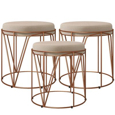 Kit 03 Puffs Decorativo Aramado Bronze Zaya L02 Suede Bege - Lyam Decor