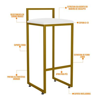 Kit 04 Banquetas Alta Para Cozinha Sala De Jantar Hanna L02 Dourado Corano Branco - Lyam Decor
