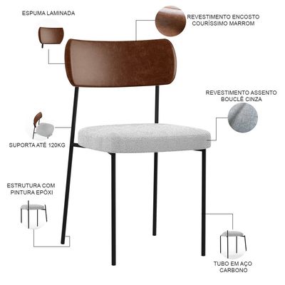 Kit 04 Cadeiras Estofadas Para Sala De Jantar Melina L02 Couríssimo Marrom Bouclê Cinza - Lyam Decor