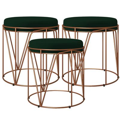 Kit 03 Puffs Decorativo Aramado Bronze Zaya L02 Suede Verde Musgo - Lyam Decor