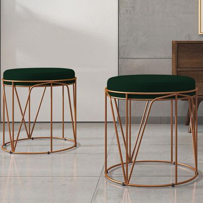 Kit 03 Puffs Decorativo Aramado Bronze Zaya L02 Suede Verde Musgo - Lyam Decor
