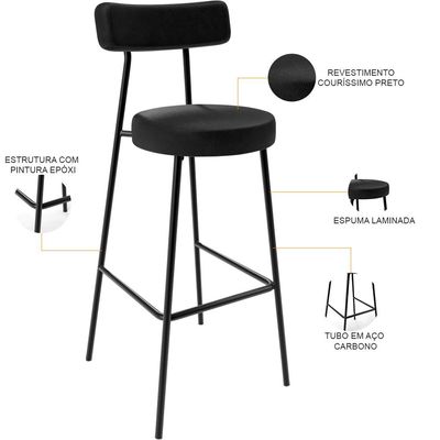 Kit 06 Banquetas Altas Bar Sala De Jantar Estrutura Em Aço Milão F01 Couríssimo Preto - Lyam Decor
