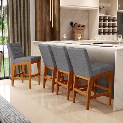 Kit 05 Banqueta Baixa Cozinha Bancada Bar Sala Jantar Fixa Mila L02 Linho Cinza Escuro - Lyam Decor