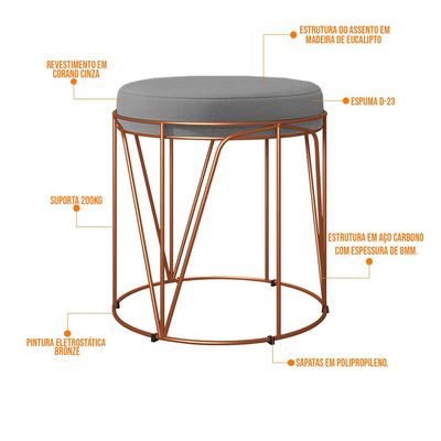Puff Decorativo Aramado Bronze Zaya L02 Corano Cinza - Lyam Decor