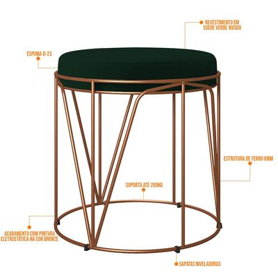 Puff Decorativo Aramado Bronze Zaya L02 Suede Verde Musgo - Lyam Decor