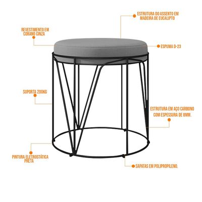 Puff Decorativo Aramado Preto Zaya L02 Corano Cinza - Lyam Decor