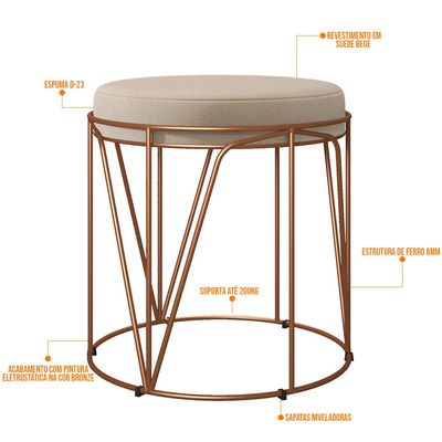 Puff Decorativo Aramado Bronze Zaya L02 Suede Bege - Lyam Decor