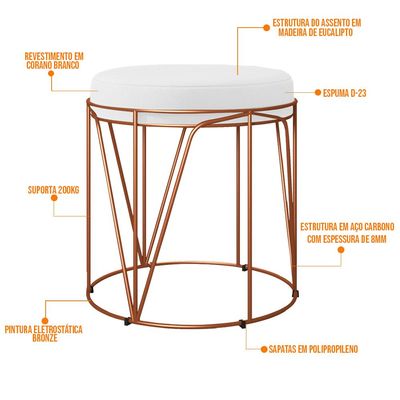 Puff Decorativo Aramado Bronze Zaya L02 Corano Branco - Lyam Decor