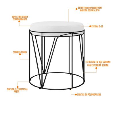Puff Decorativo Aramado Preto Zaya L02 Corano Branco - Lyam Decor