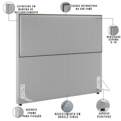 Cabeceira Box Casal Com Tachas 160 cm Vicenza L02 Bouclê Cinza - Lyam Decor