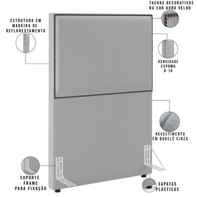 Cabeceira Box Solteiro Com Tachas 100 cm Vicenza L02 Bouclê Cinza - Lyam Decor