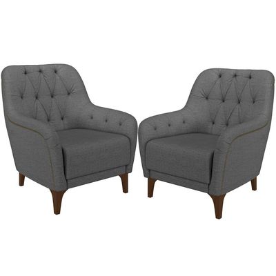 Kit 02 Poltronas Para Sala De Estar Com Tachas Base Fixa Blenda M03 Linho Chumbo - Lyam Decor