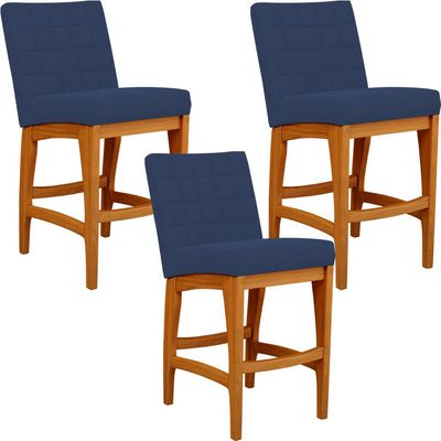 Kit 03 Banqueta Baixa Cozinha Bancada Bar Sala Jantar Fixa Mila L02 Suede Azul Marinho - Lyam Decor