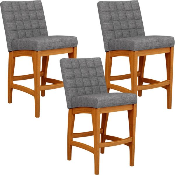 Kit 03 Banqueta Baixa Cozinha Bancada Bar Sala Jantar Fixa Mila L02 Linho Cinza Escuro - Lyam Decor