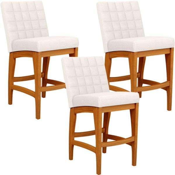 Kit 03 Banquetas Baixa Para Cozinha Bancada Bar Sala de Jantar Fixa Mila L02 Linho Cru - Lyam Decor Kit 03 Banquetas Baixa Para Cozinha Bancada Bar Sala de Jantar Fixa Mila L02 Linho Cru - Lyam Decor